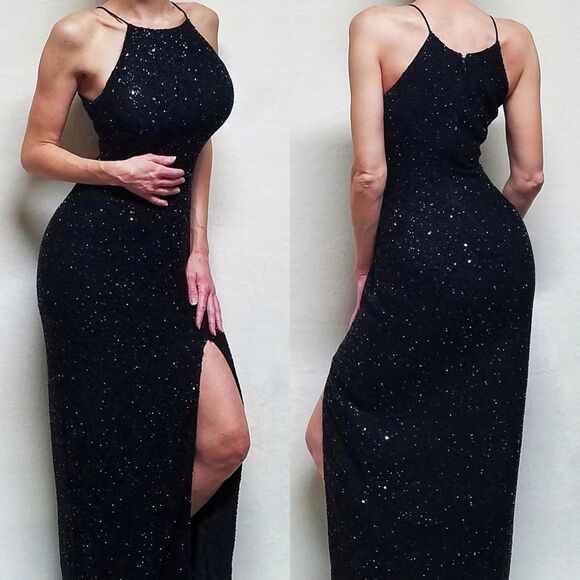 VINTAGE Marina B Black Sequin Beaded Side Slit Sleeveless Formal Maxi Dress 14 - Picture 1 of 16